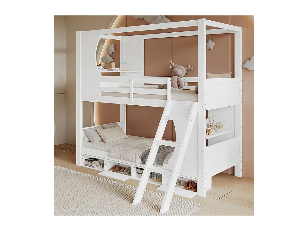 Stapelbed 90x200 met veiligheidshek met tafel, schoenenrek, schuine ladder met drie treden, grenen + MDF + wit multiplex