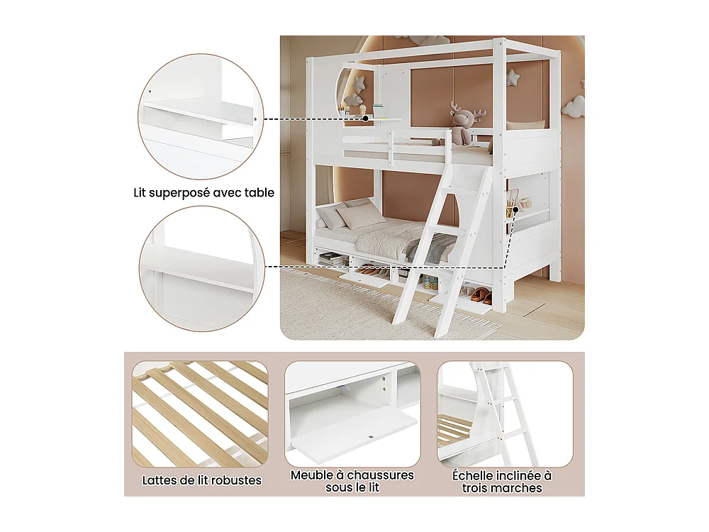 Stapelbed 90x200 met veiligheidshek met tafel, schoenenrek, schuine ladder met drie treden, grenen + MDF + wit multiplex