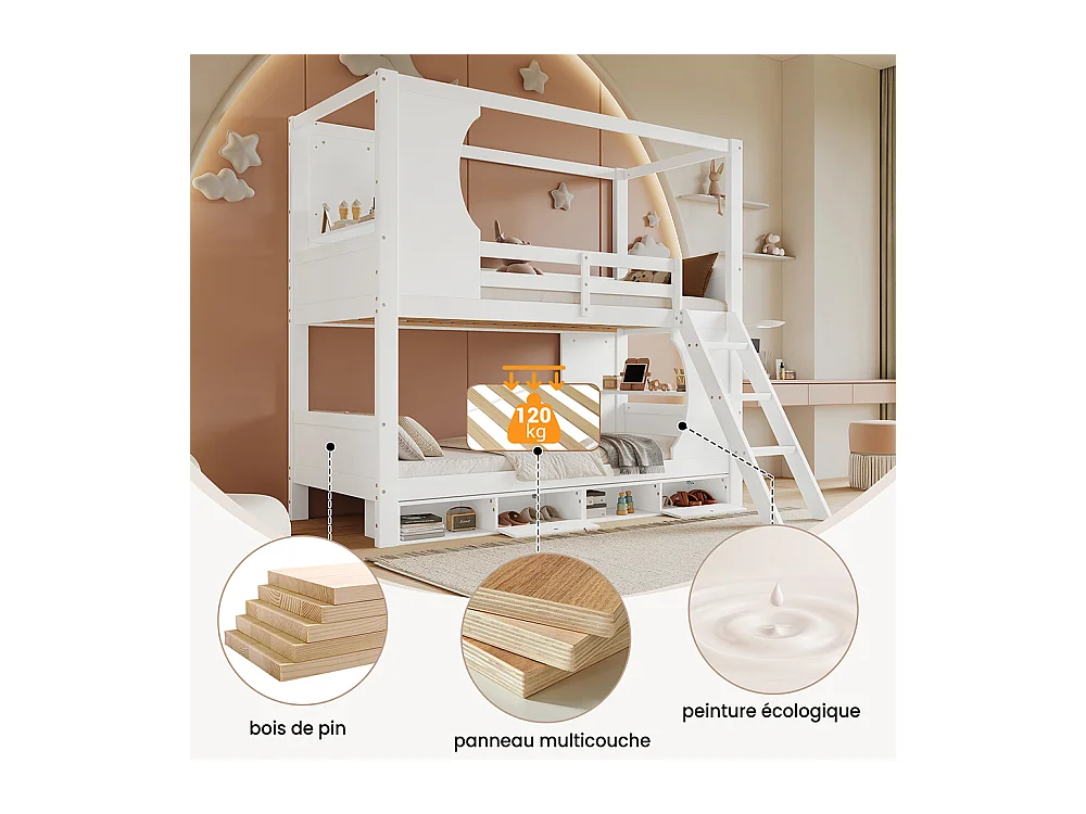 Stapelbed 90x200 met veiligheidshek met tafel, schoenenrek, schuine ladder met drie treden, grenen + MDF + wit multiplex