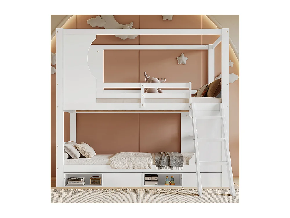 Stapelbed 90x200 met veiligheidshek met tafel, schoenenrek, schuine ladder met drie treden, grenen + MDF + wit multiplex