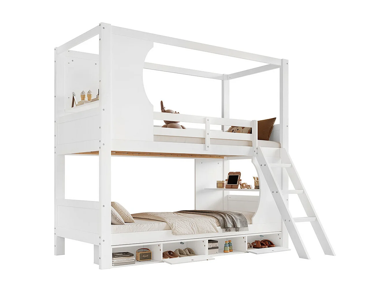 Lit superposé 90x200 avec barrière de sécurité avec table meuble à chaussures compartiments échelle inclinée à trois marches pin+MDF+contreplaqué blanc