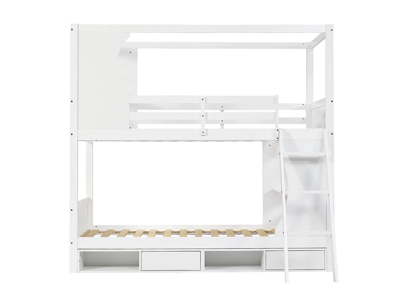 Lit superposé 90x200 avec barrière de sécurité avec table meuble à chaussures compartiments échelle inclinée à trois marches pin+MDF+contreplaqué blanc