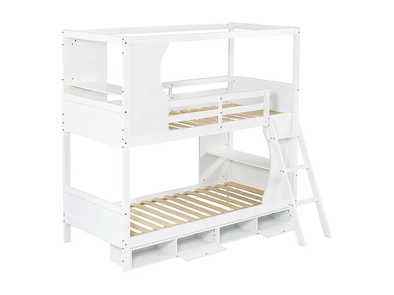 Lit superposé 90x200 avec barrière de sécurité avec table meuble à chaussures compartiments échelle inclinée à trois marches pin+MDF+contreplaqué blanc