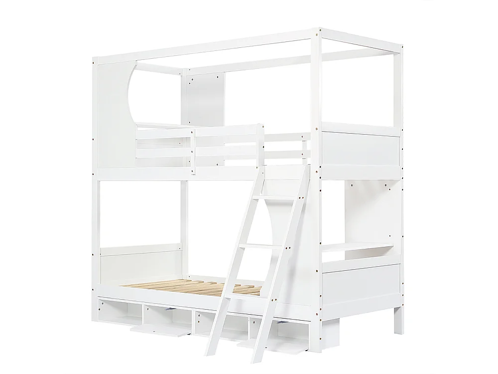 Lit superposé 90x200 avec barrière de sécurité avec table meuble à chaussures compartiments échelle inclinée à trois marches pin+MDF+contreplaqué blanc