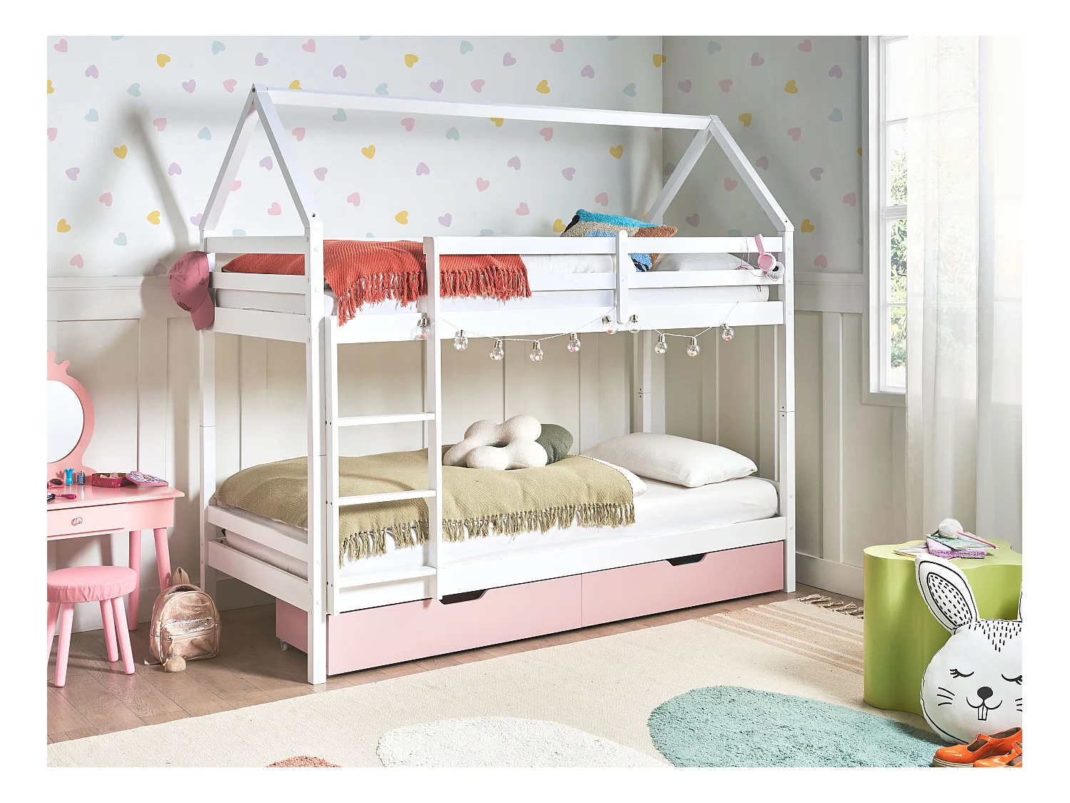 Lit superposé Maison Bois de pin TERNAS 90 x 200 cm Rose