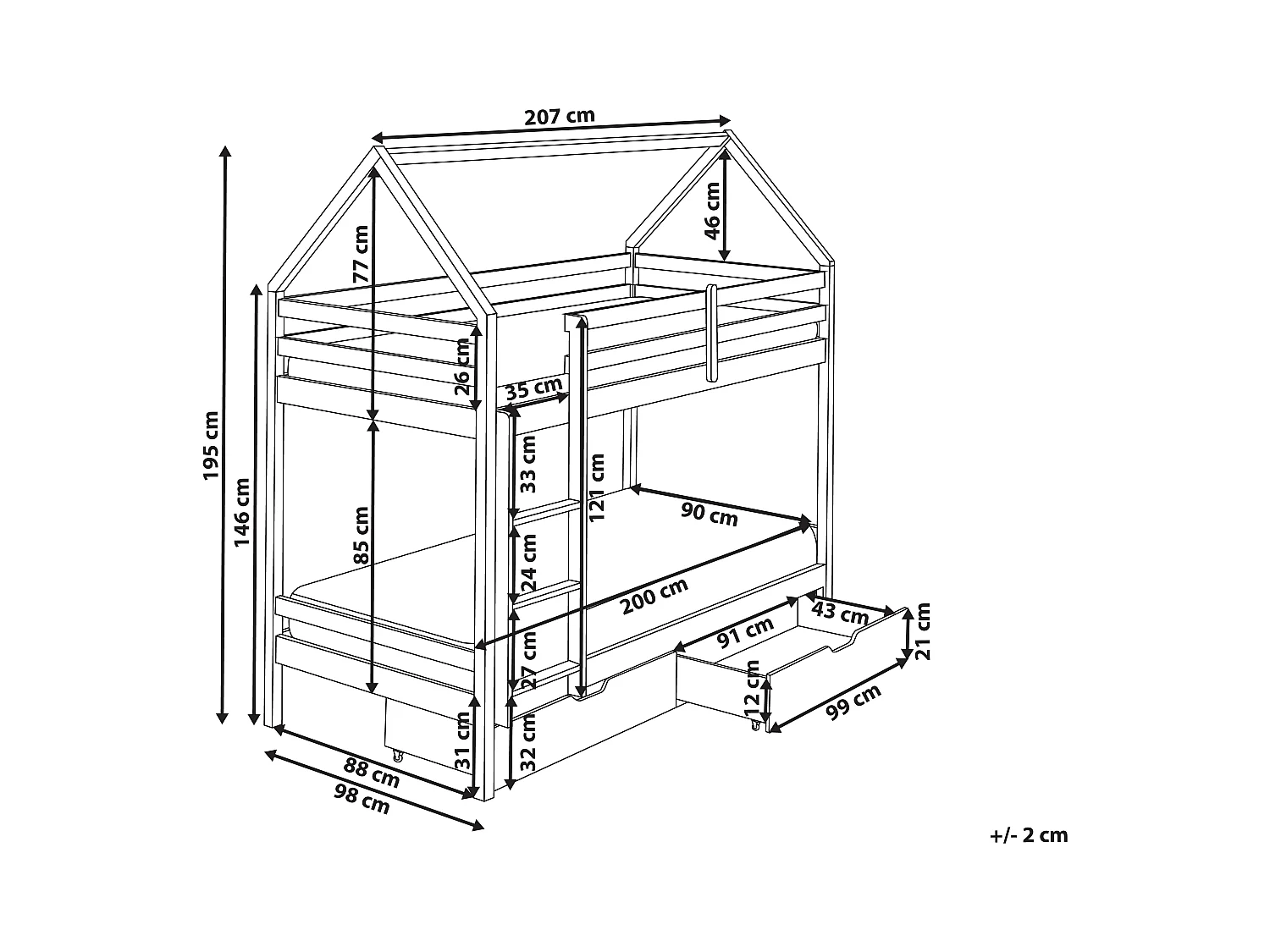 Lit superposé Maison Bois de pin TERNAS 90 x 200 cm Rose