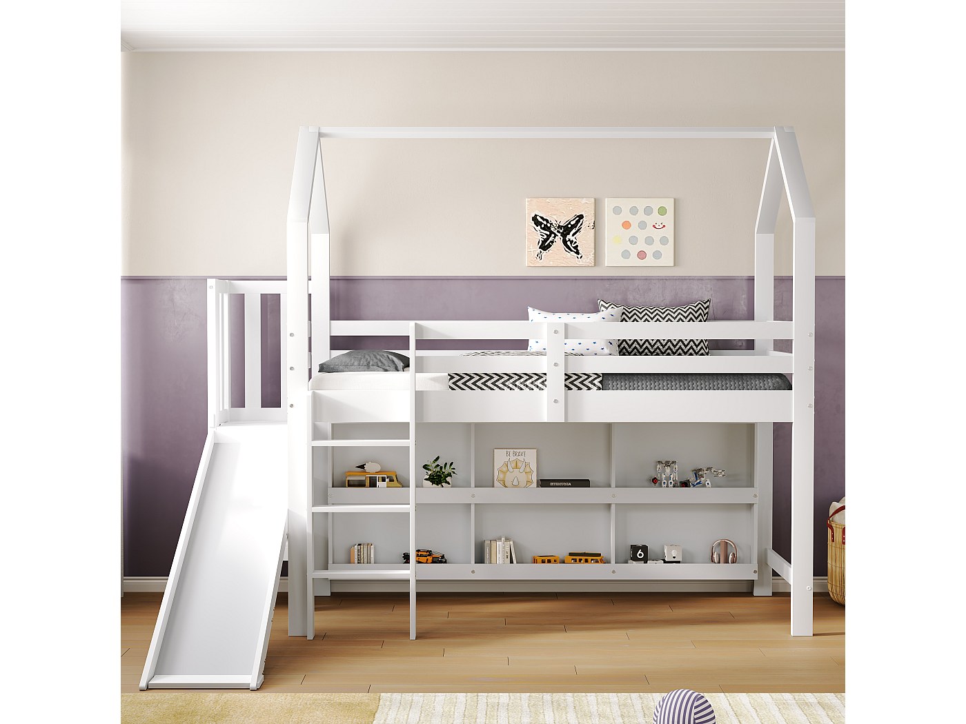 Idemon Letto A Soppalco Bianco 90x200 Cm – Con Scrivania, Cassettiera, Scaffale E Scala A 4 Livelli, Pino E MDF