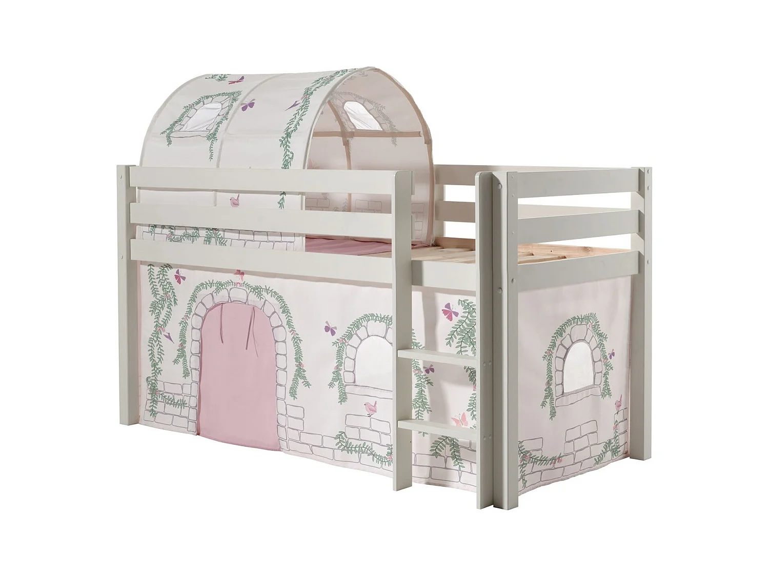 Mezzaninebed 90x200 cm met tent en tunnel tegen wit massief grenen Pino