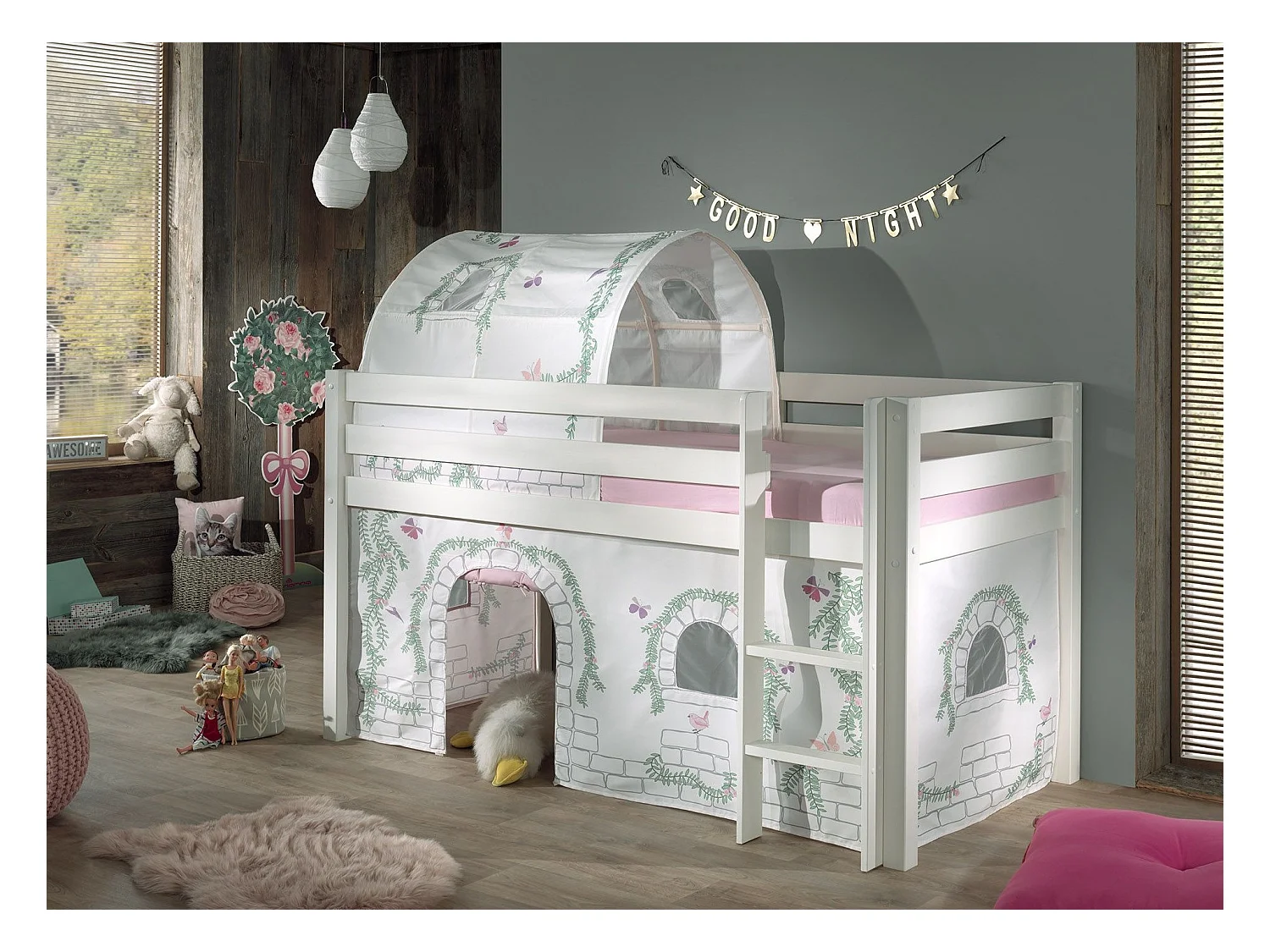 Mezzaninebed 90x200 cm met tent en tunnel tegen wit massief grenen Pino