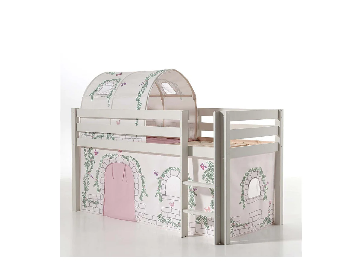 Mezzaninebed 90x200 cm met tent en tunnel tegen wit massief grenen Pino