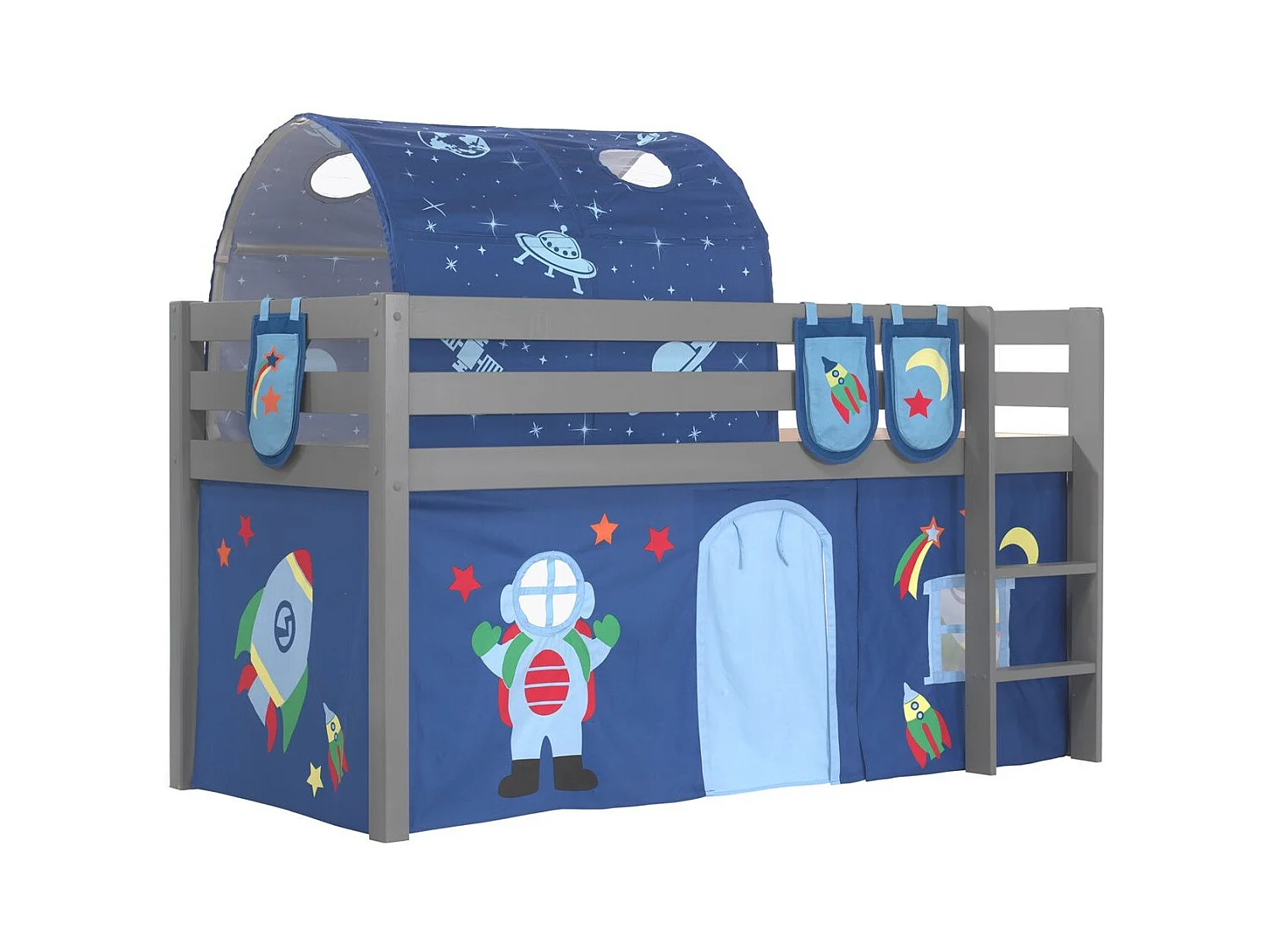 Cama altillo 90x200 cm con tienda túnel y 3 bolsillos de pino macizo astra Pino gris