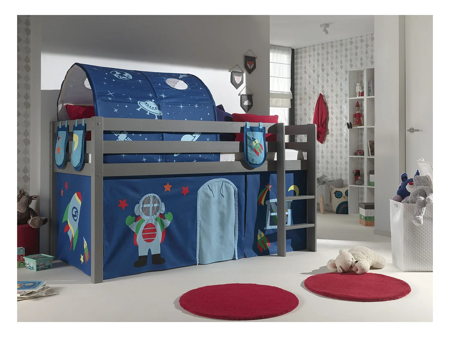 Cama altillo 90x200 cm con tienda túnel y 3 bolsillos de pino macizo astra Pino gris