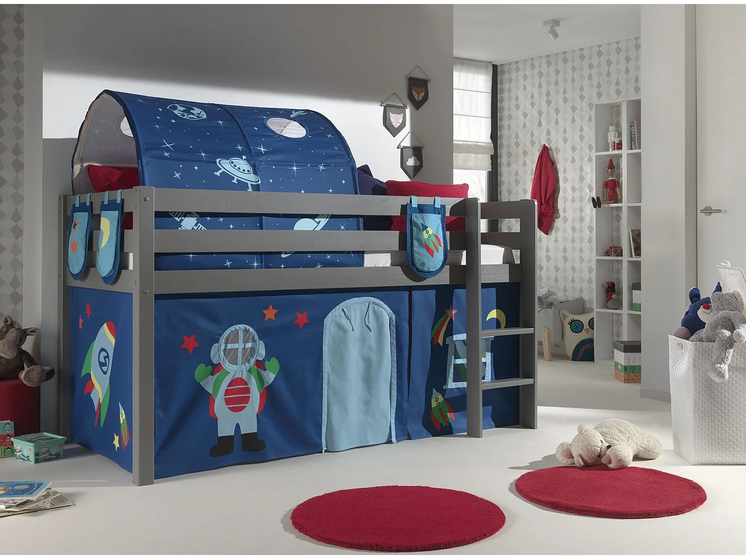 Pack - Lit Enfant Surélevé, Tente, 3 Pochettes & Tunnel "Pino Astronaute II" Gris
