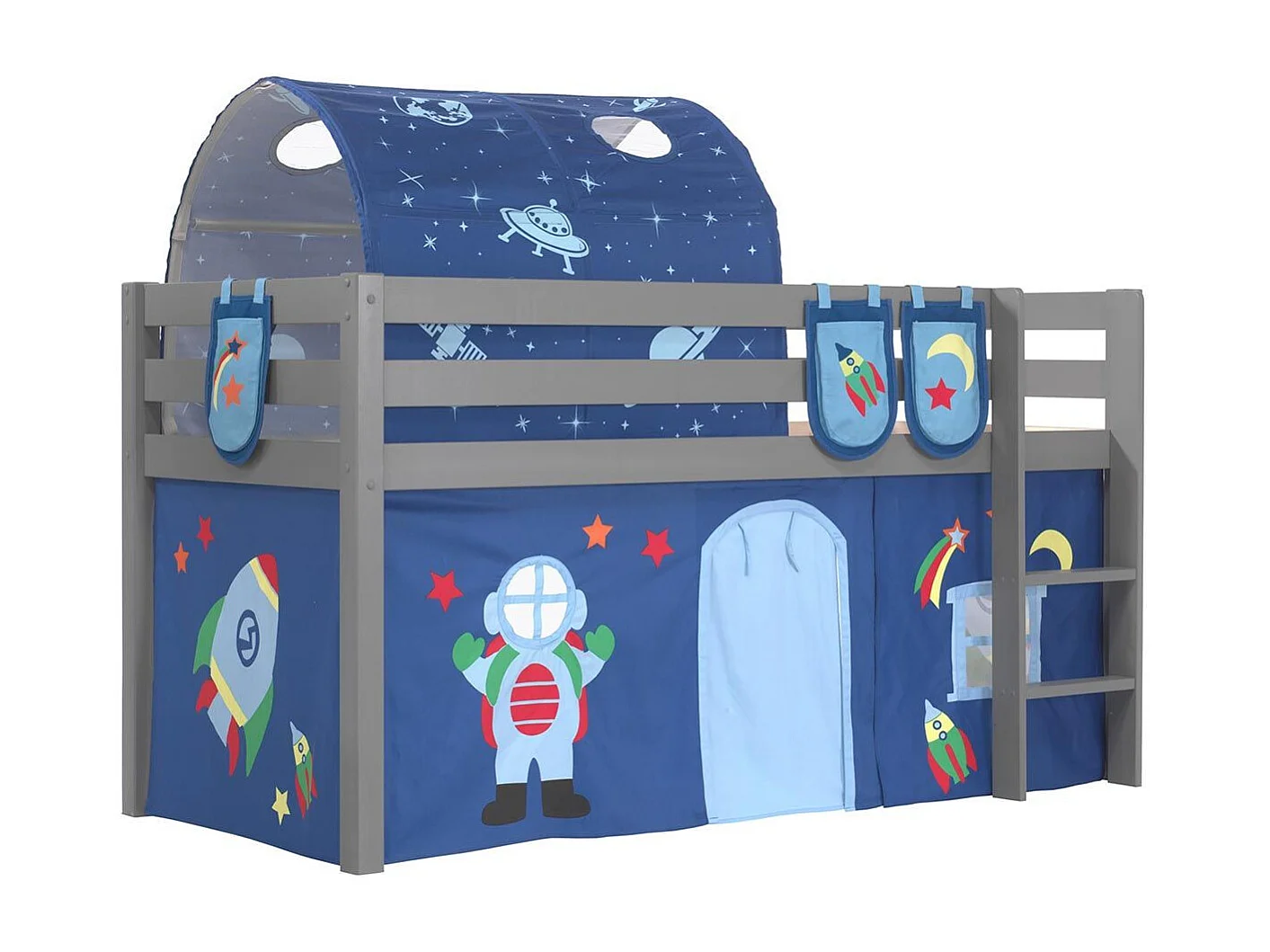 Pack - Lit Enfant Surélevé, Tente, 3 Pochettes & Tunnel "Pino Astronaute II" Gris