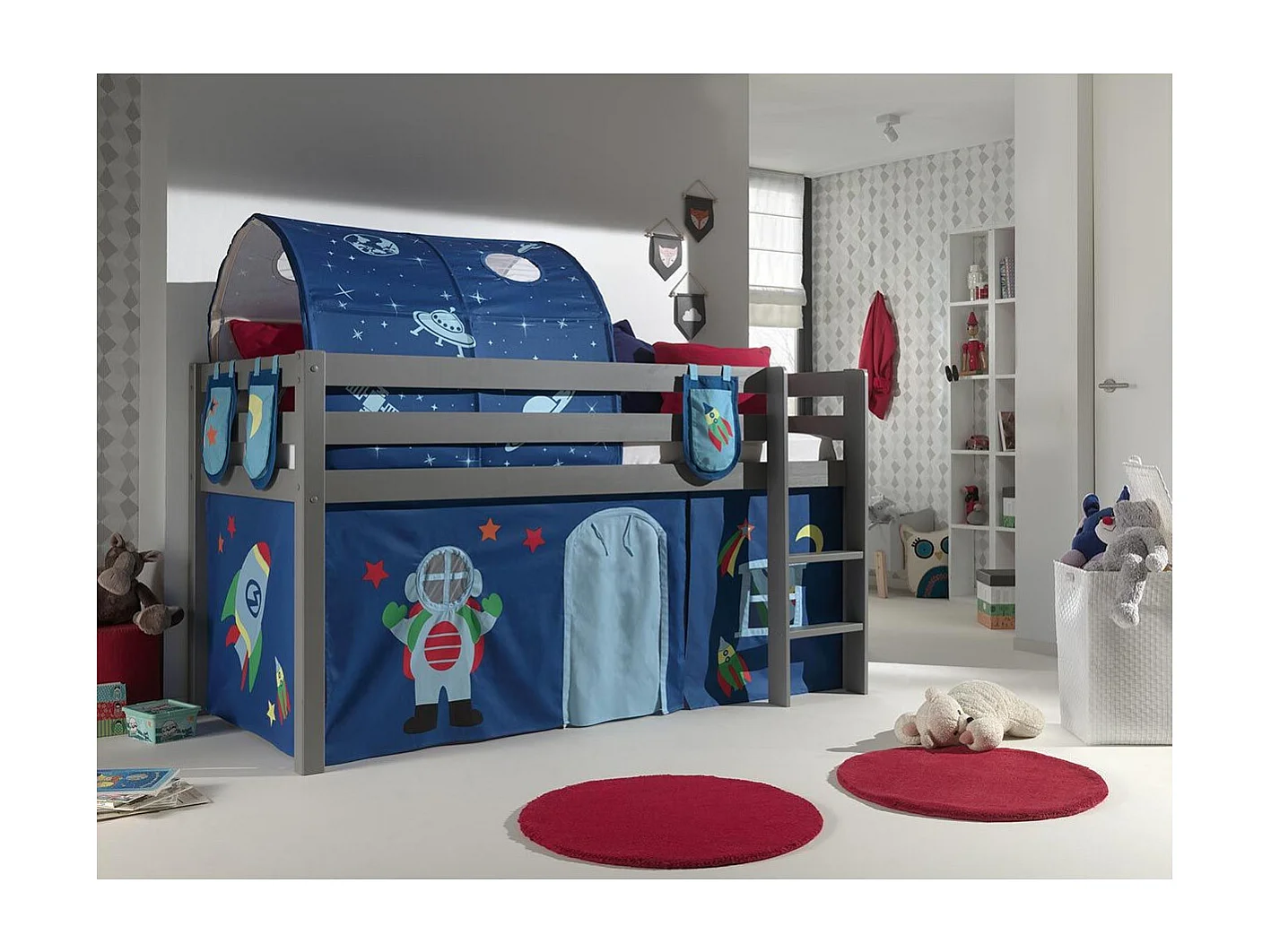 Pack - Lit Enfant Surélevé, Tente, 3 Pochettes & Tunnel "Pino Astronaute II" Gris