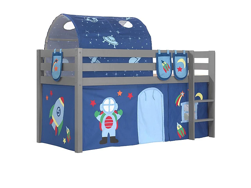 Pack - Lit Enfant Surélevé, Tente, 3 Pochettes & Tunnel "Pino Astronaute II" Gris