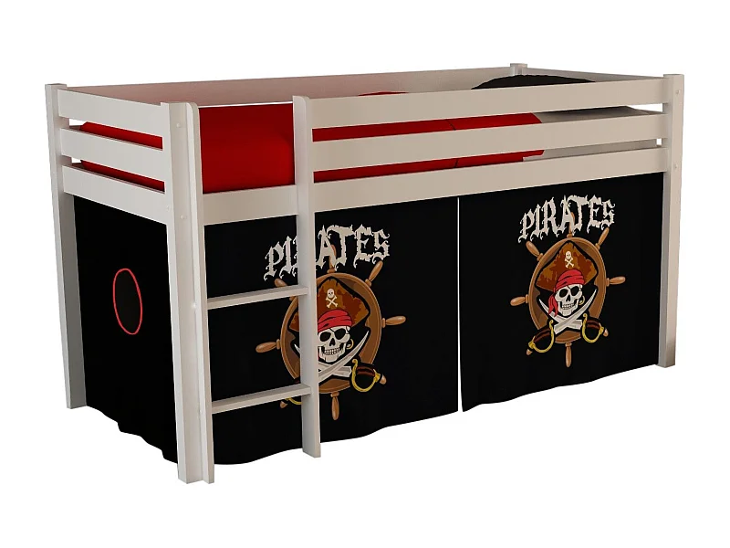 Cama alta 90x200 cm con tienda pirata negra pino macizo blanco Pino