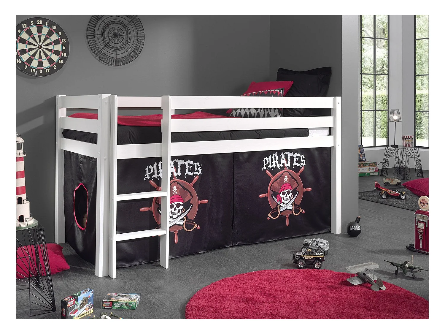 Hoogslaper 90x200 cm met zwarte piratentent massief grenen wit Pino