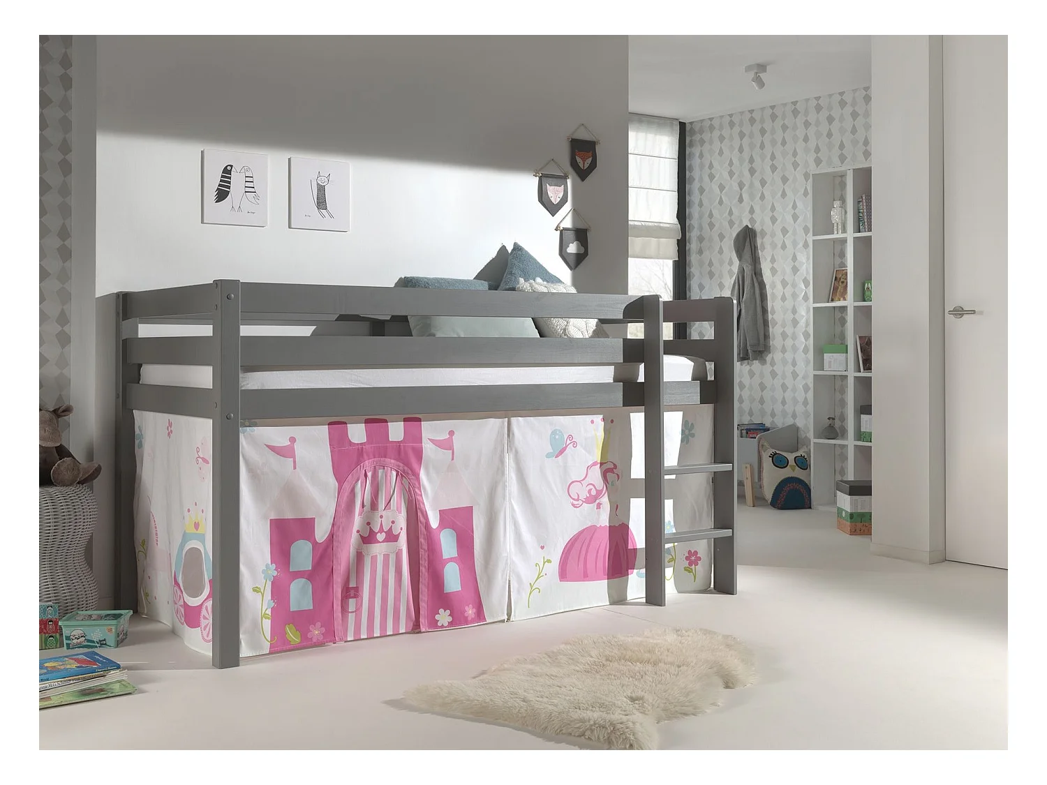 Cama altillo de 90x200 cm con tienda princesa de pino macizo gris Pino