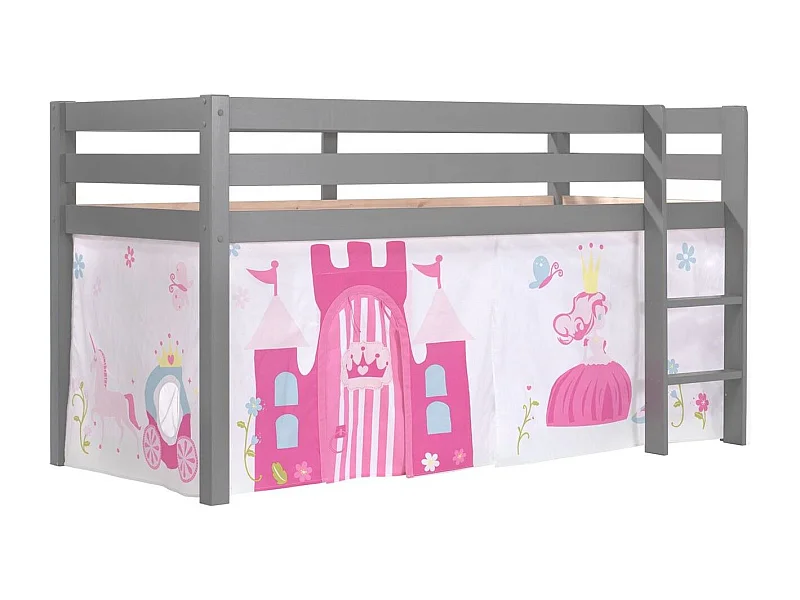 Cama altillo de 90x200 cm con tienda princesa de pino macizo gris Pino