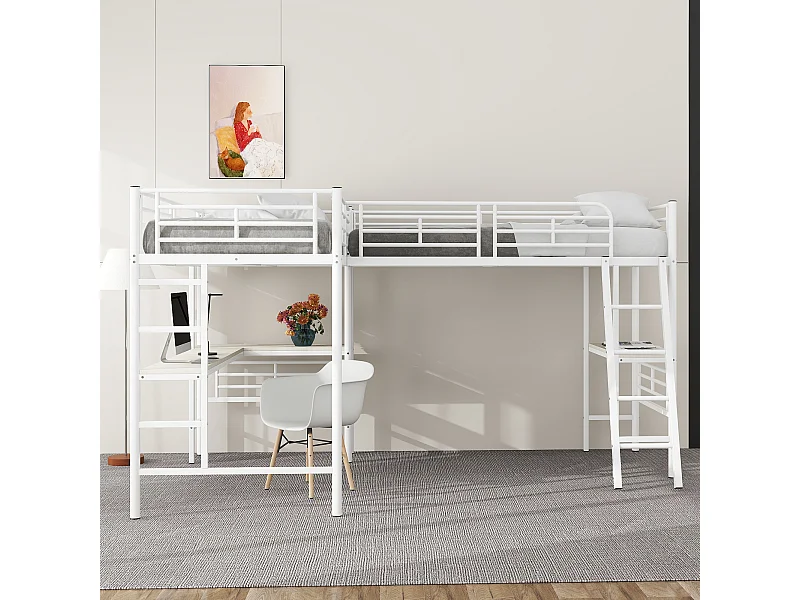 Letto a soppalco - 2 letti 90x200 cm - 2 scrivanie sotto il letto - bianco