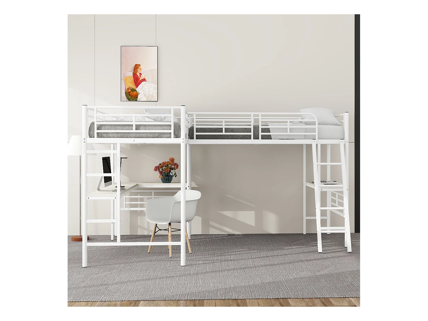 Letto a soppalco - 2 letti 90x200 cm - 2 scrivanie sotto il letto - bianco