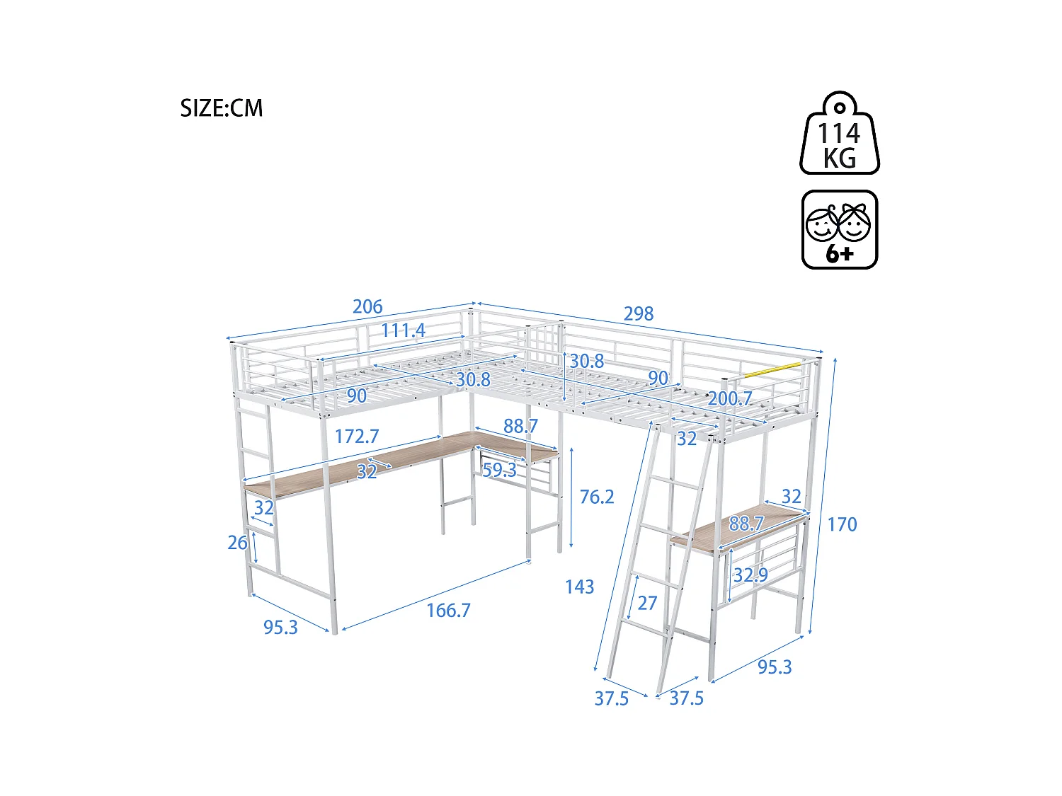 Letto a soppalco - 2 letti 90x200 cm - 2 scrivanie sotto il letto - bianco