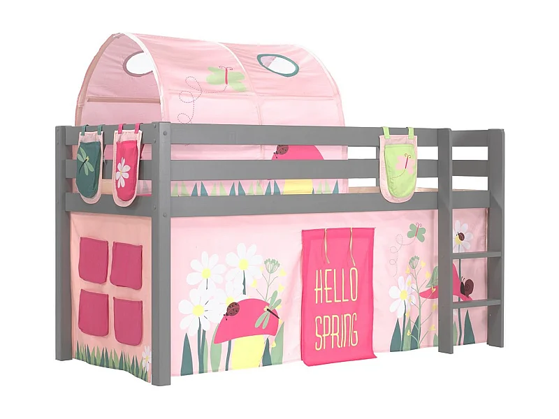 Cama altillo 90x200 cm con tienda túnel y 3 bolsillos de muelles pino macizo gris Pino