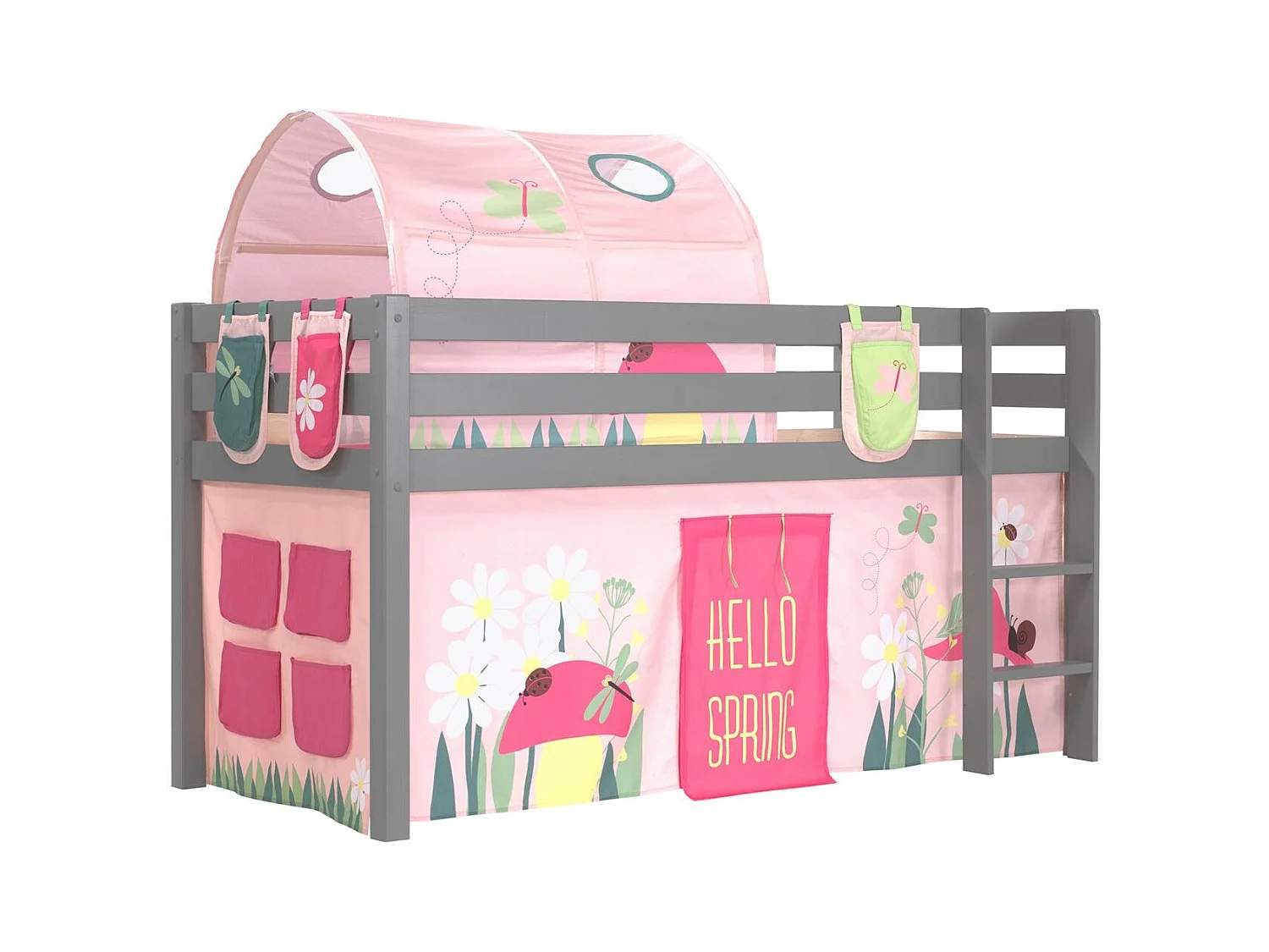 Cama altillo 90x200 cm con tienda túnel y 3 bolsillos de muelles pino macizo gris Pino