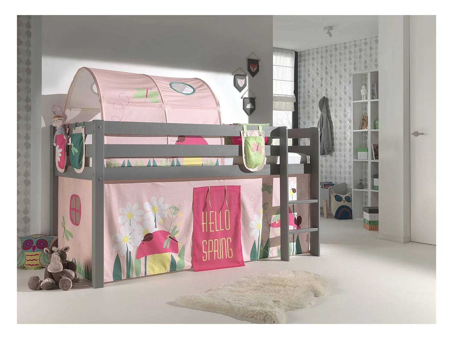 Cama altillo 90x200 cm con tienda túnel y 3 bolsillos de muelles pino macizo gris Pino