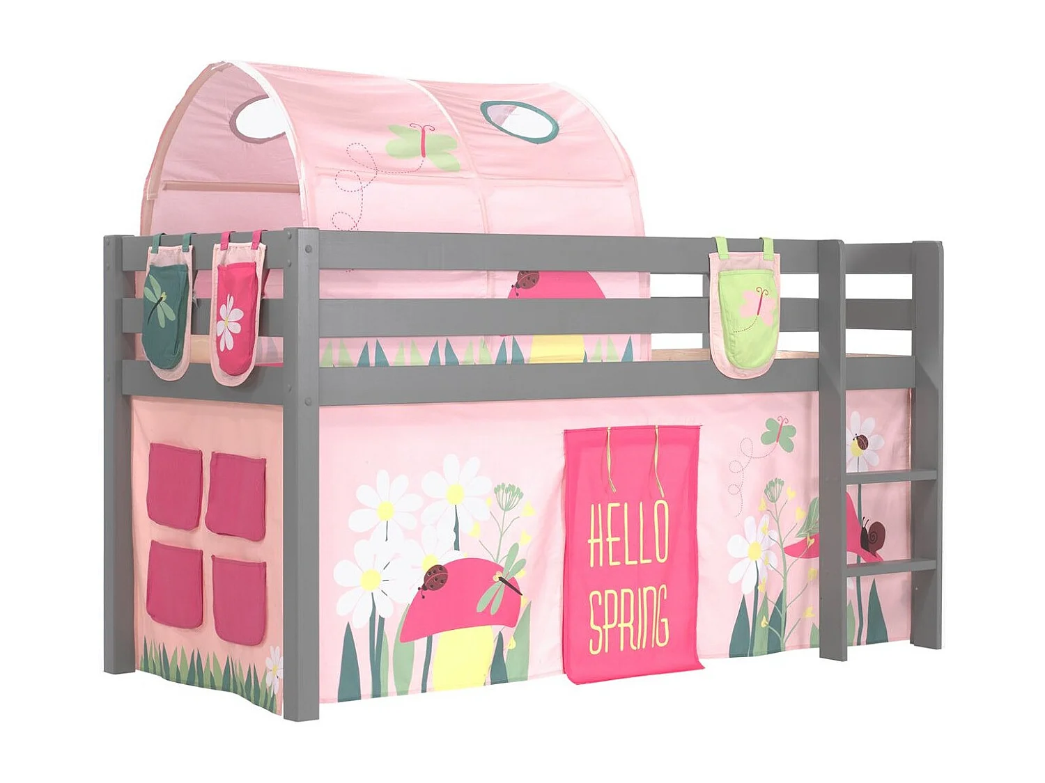 Pack - Lit Enfant Surélevé, Tente, 3 Pochettes & Tunnel "Pino Spring" Gris