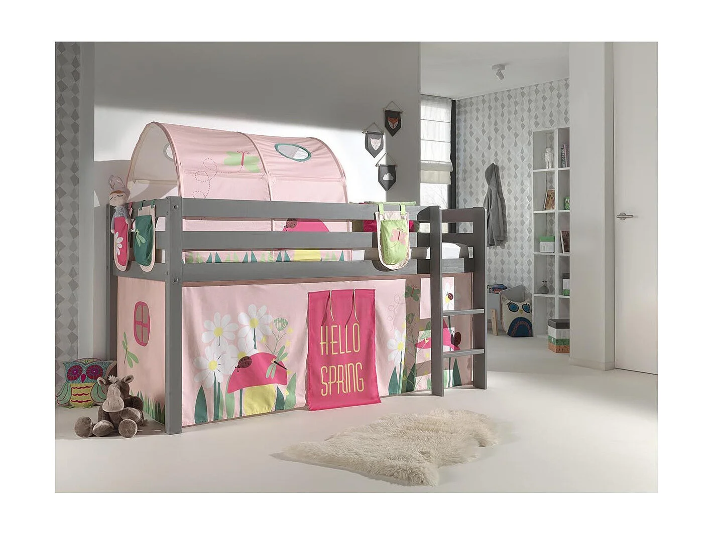 Pack - Lit Enfant Surélevé, Tente, 3 Pochettes & Tunnel "Pino Spring" Gris