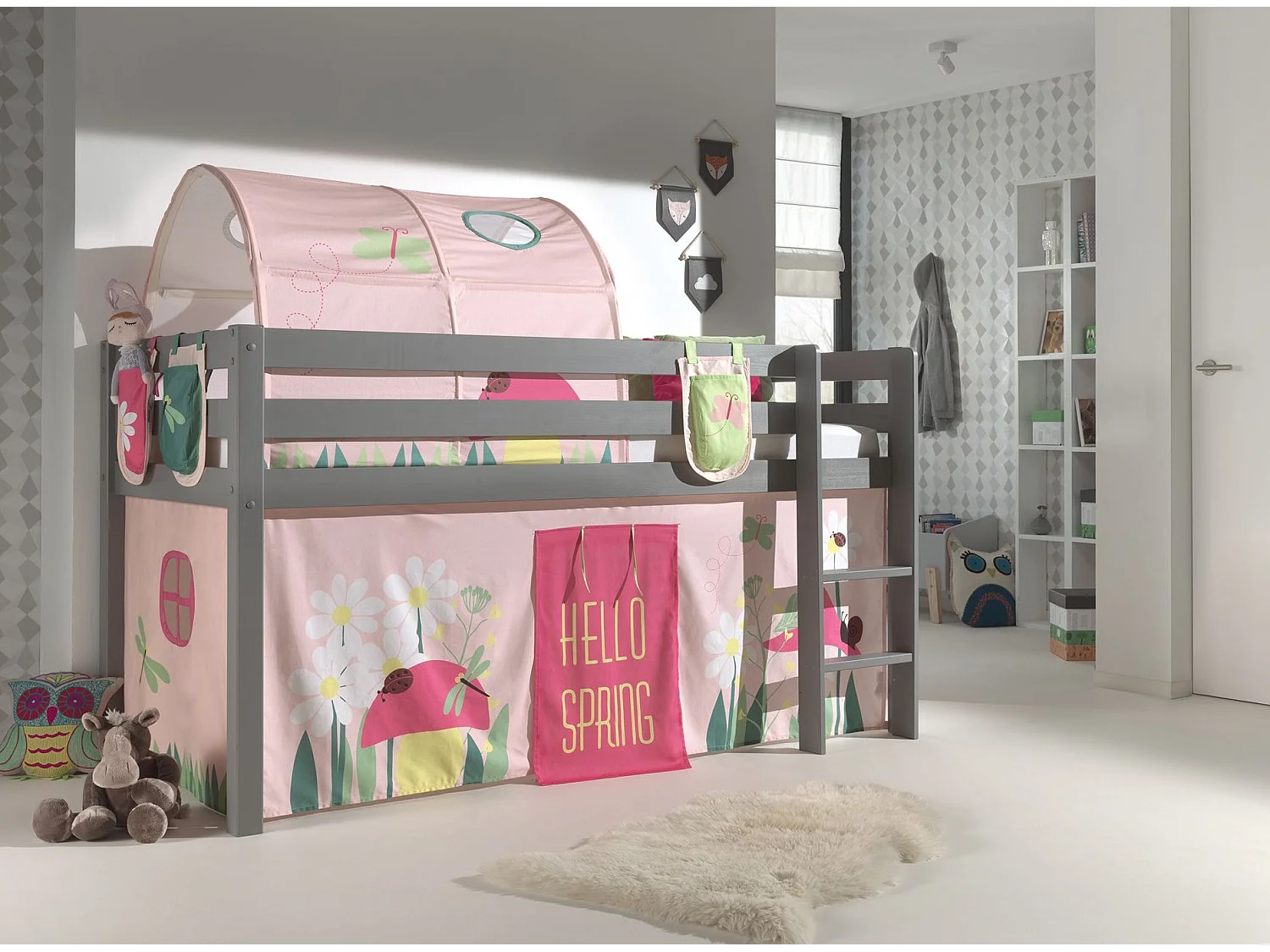 Pack - Lit Enfant Surélevé, Tente, 3 Pochettes & Tunnel "Pino Spring" Gris