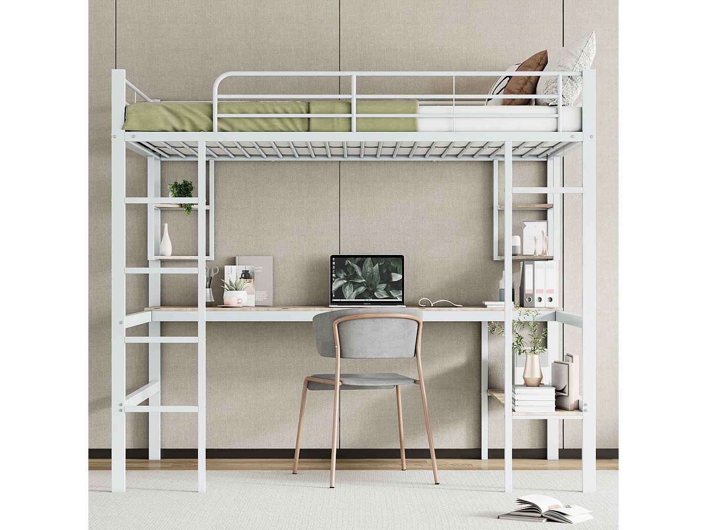 Lit Mezzanine 140x200 Cm Blanc Avec Rangement - Structure Métal, Escalier Sécurité Et Étages Intégrés - Gain De Place (Sans Matelas) - 12