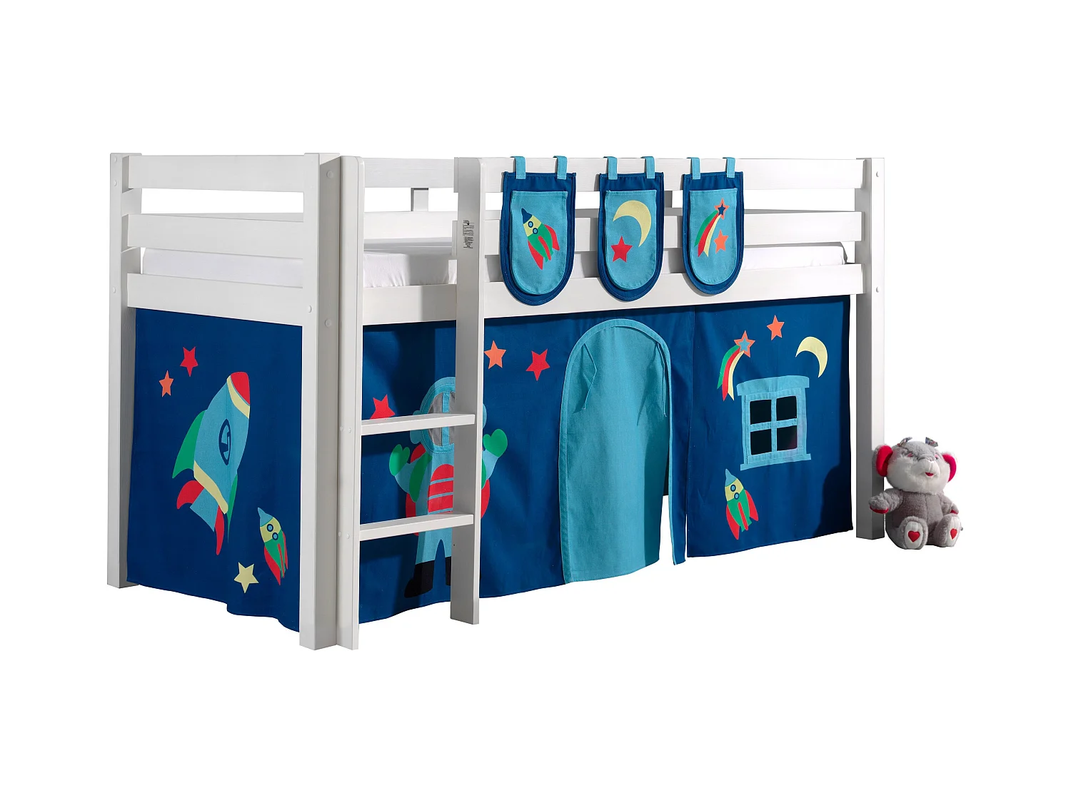 Mezzaninebed 90x200 cm met tent en 3 vakken astra massief grenen wit Pino