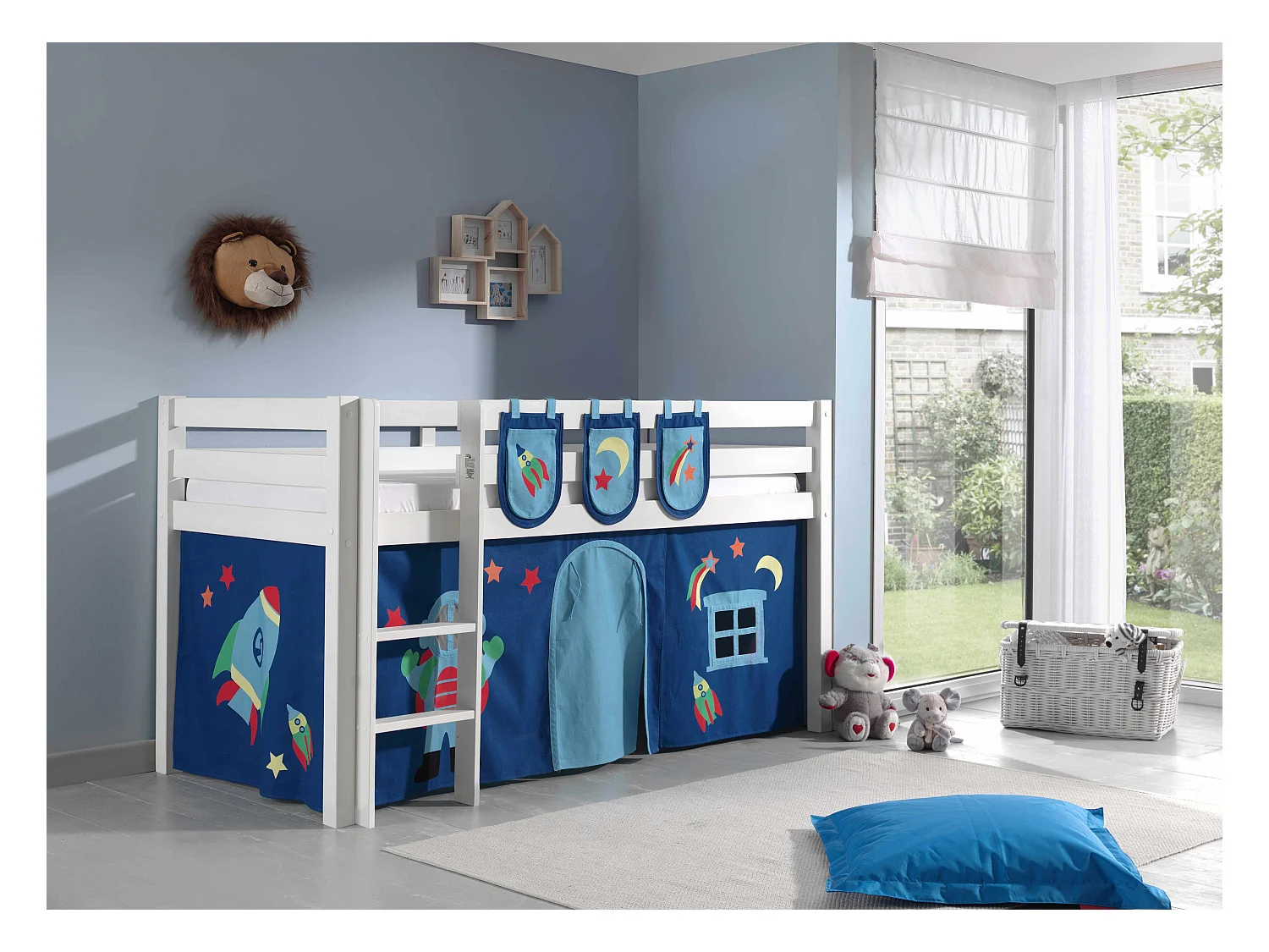 Mezzaninebed 90x200 cm met tent en 3 vakken astra massief grenen wit Pino