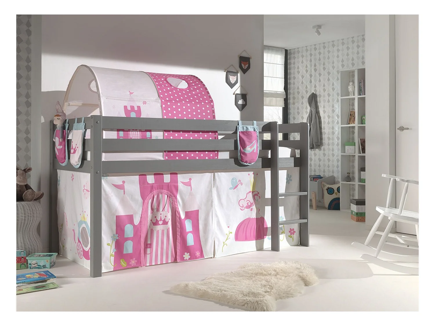 Cama altillo de 90x200 cm con tienda túnel y 3 bolsillos princesa pino macizo gris Pino