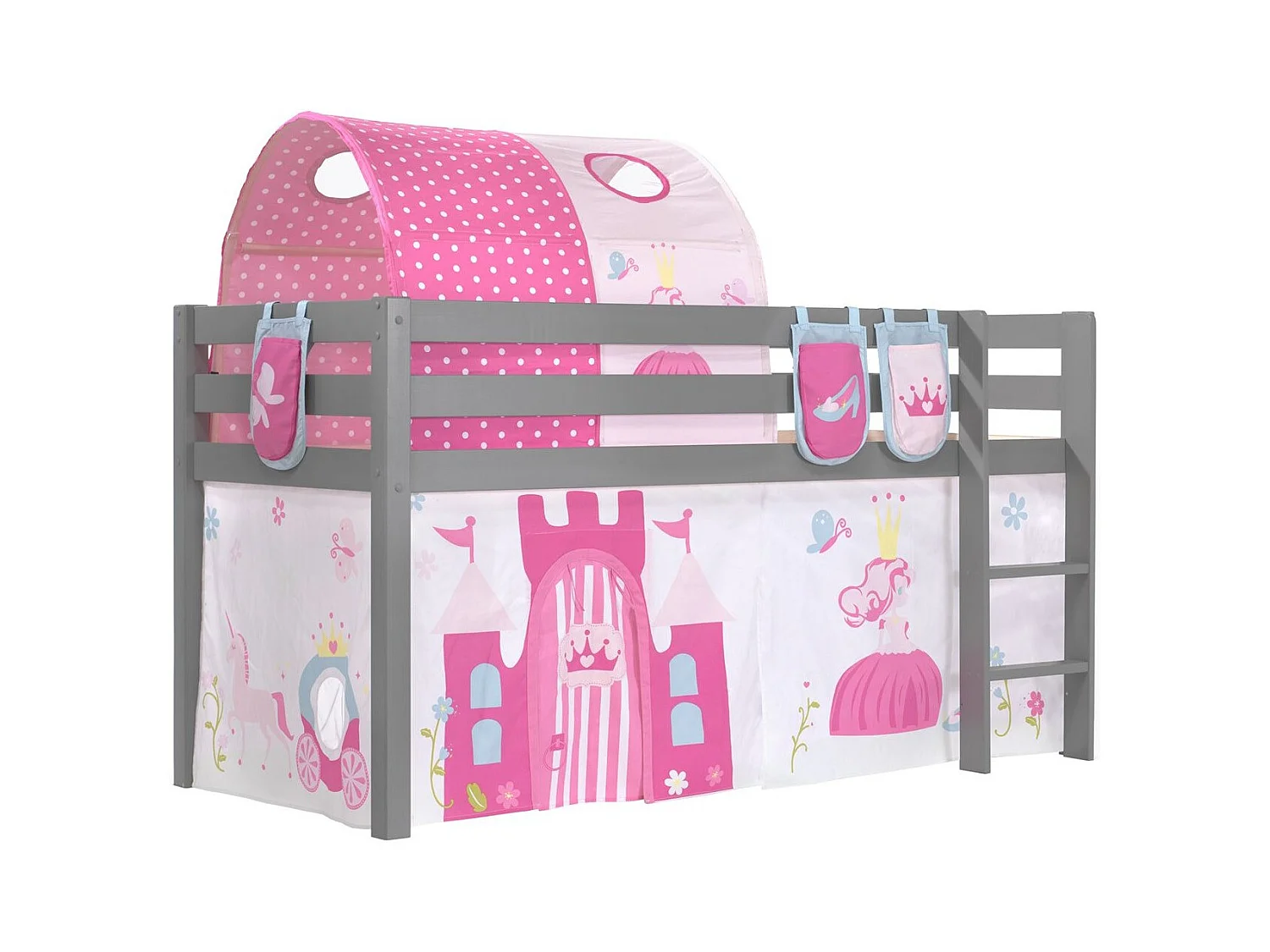 Pack - Lit Enfant Surélevé, Tente, 3 Pochettes & Tunnel "Pino Princesse" Gris