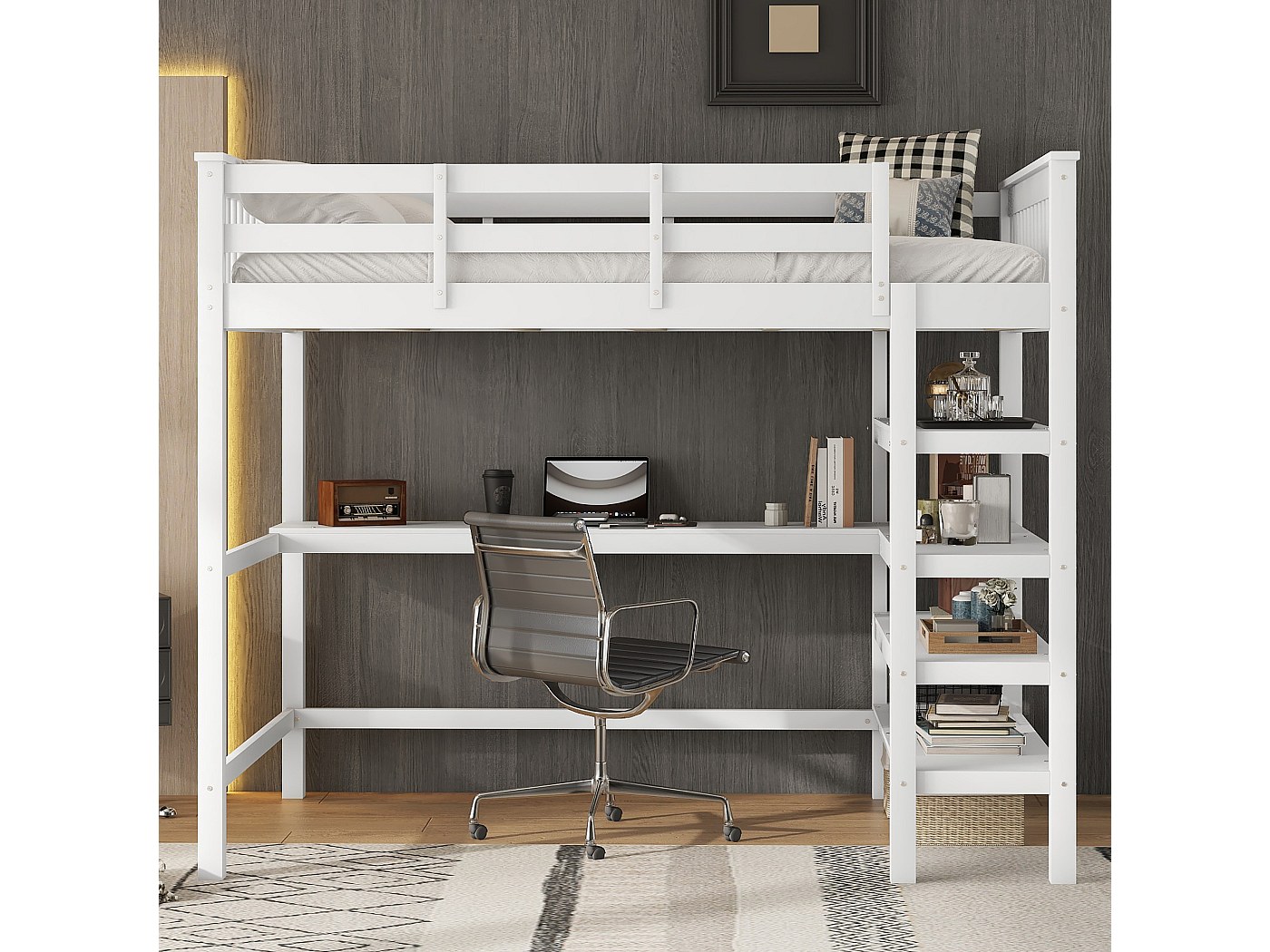 Lit Mezzanine Avec Bureau Et étagères - 90x200 Cm, USB-C + LED | Pour Ado, Sans Matelas, Blanc