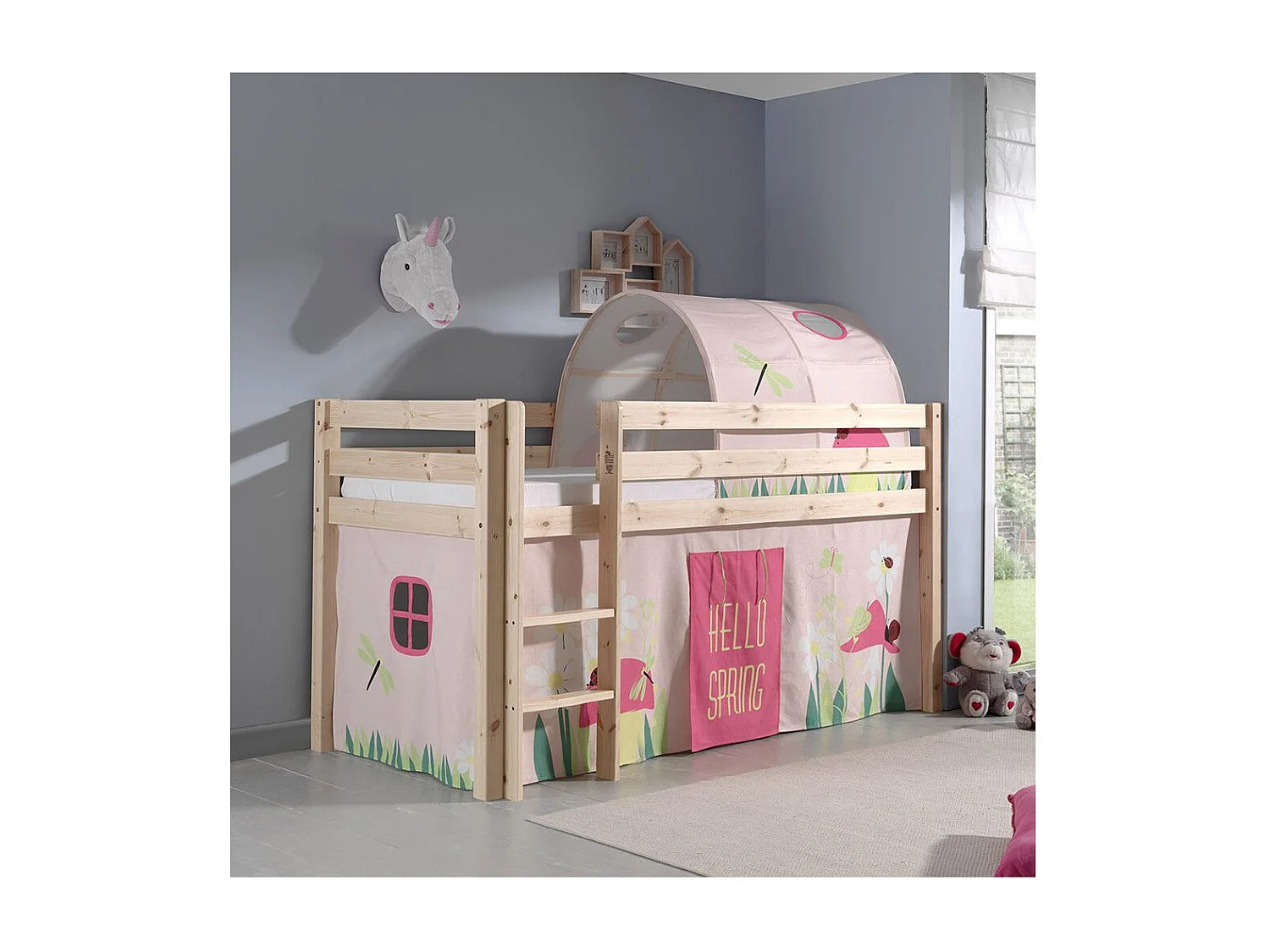 Cama altillo 90x200 cm con tienda y muelles túnel pino macizo claro Pino