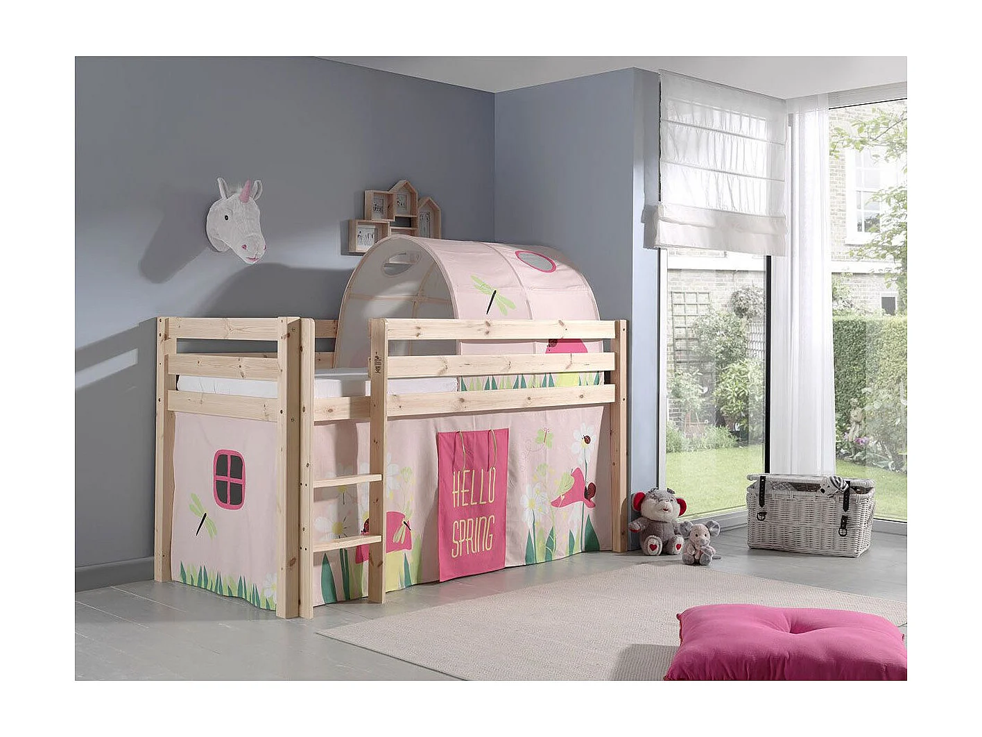 Cama altillo 90x200 cm con tienda y muelles túnel pino macizo claro Pino