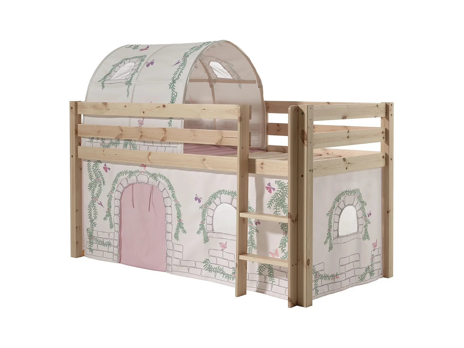 Cama altillo 90x200 cm con tienda y túnel contra pino macizo claro Pino