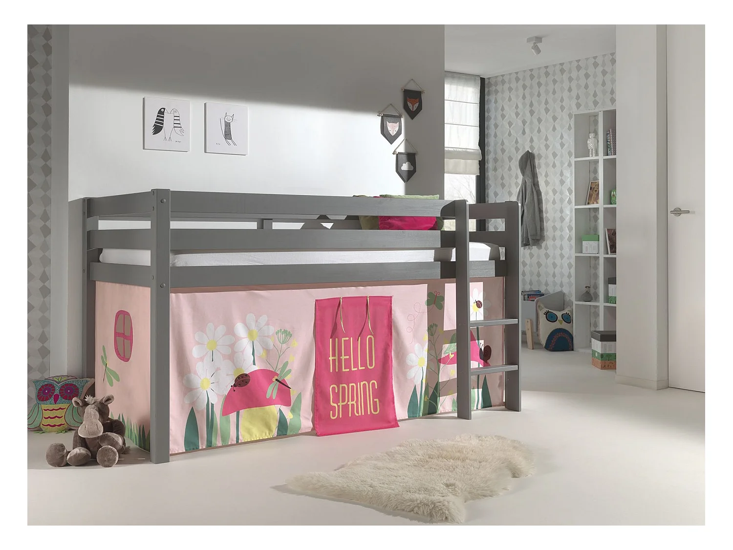 Cama altillo 90x200 cm con carpa de muelles de pino macizo gris Pino