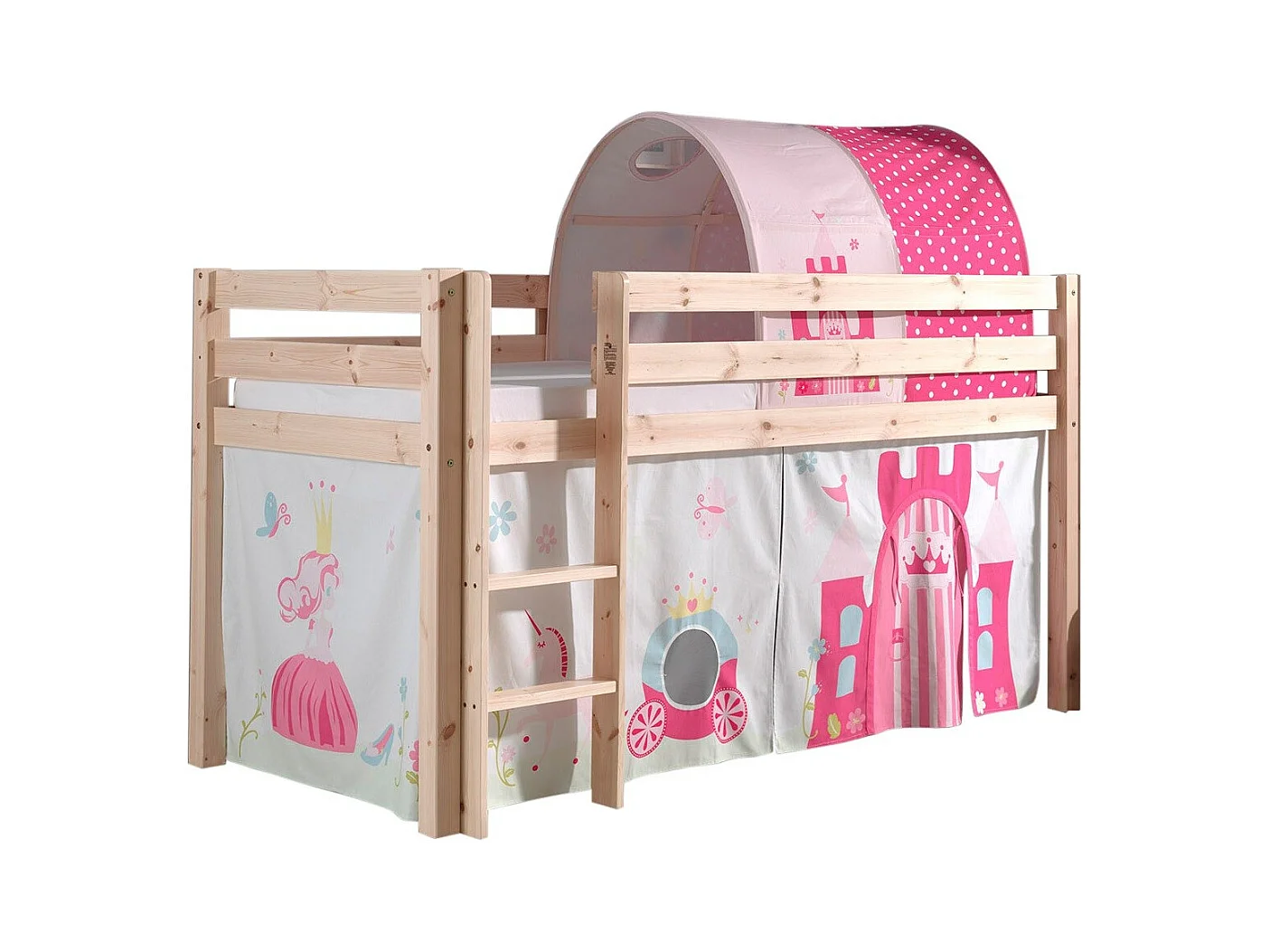 Cama alta 90x200 cm con tienda y túnel princesa pino macizo claro Pino