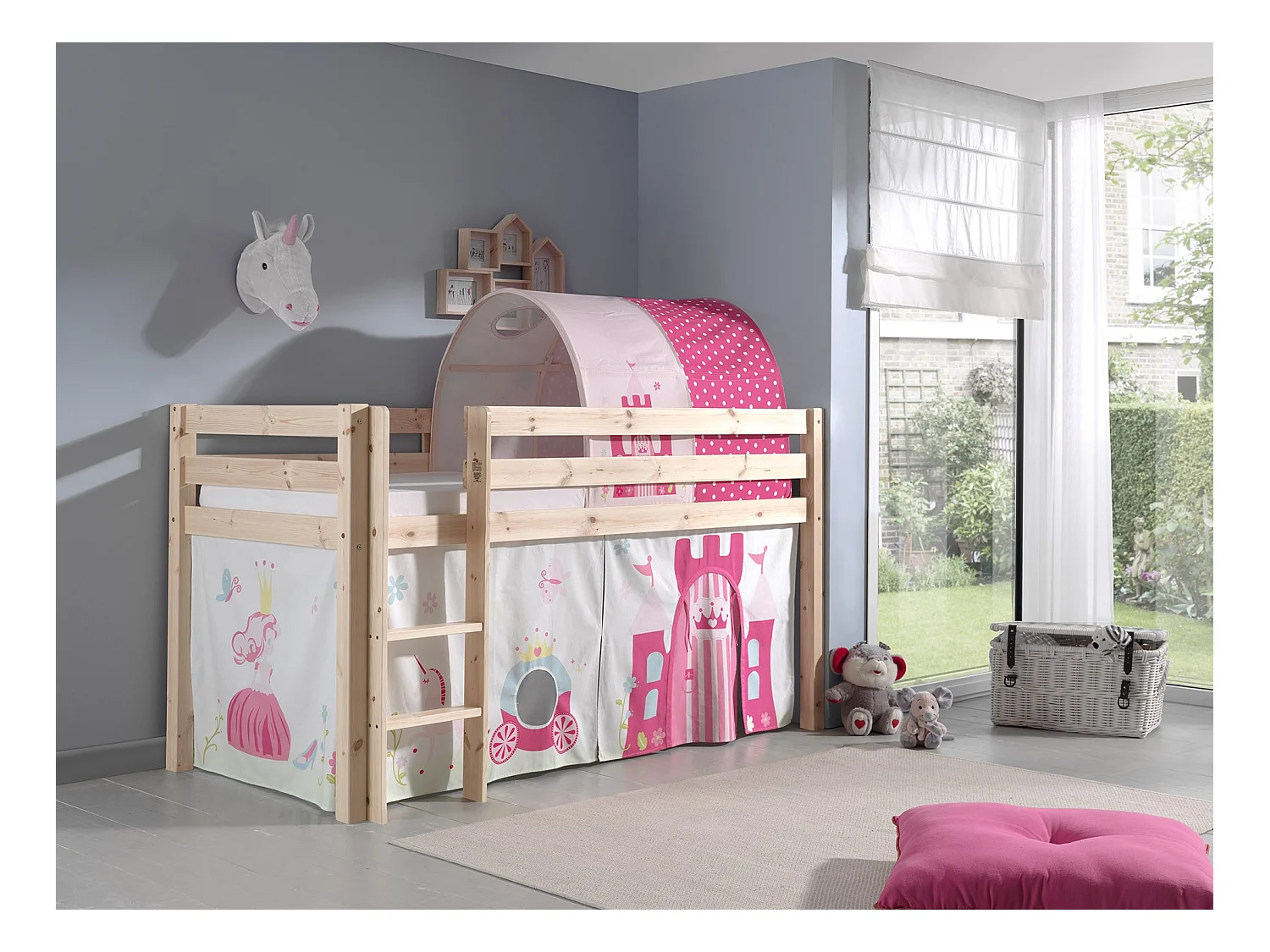 Cama alta 90x200 cm con tienda y túnel princesa pino macizo claro Pino