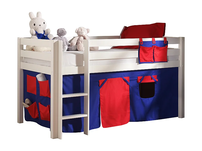 Mezzaninebed van 90x200 cm met wit massief grenen dominotent Pino