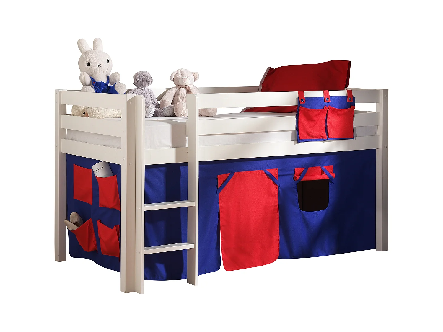 Mezzaninebed van 90x200 cm met wit massief grenen dominotent Pino