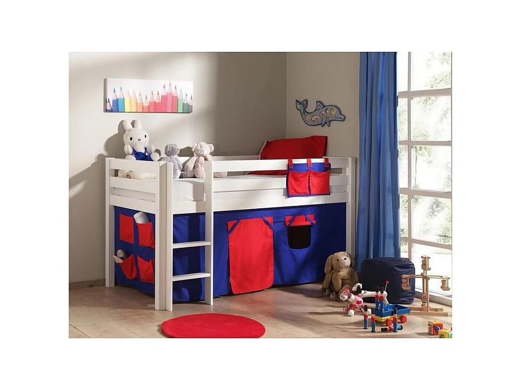 Mezzaninebed van 90x200 cm met wit massief grenen dominotent Pino