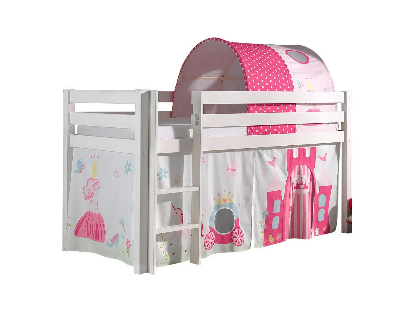 Hoogslaper 90x200 cm met tent en prinsessentunnel massief grenen wit Pino