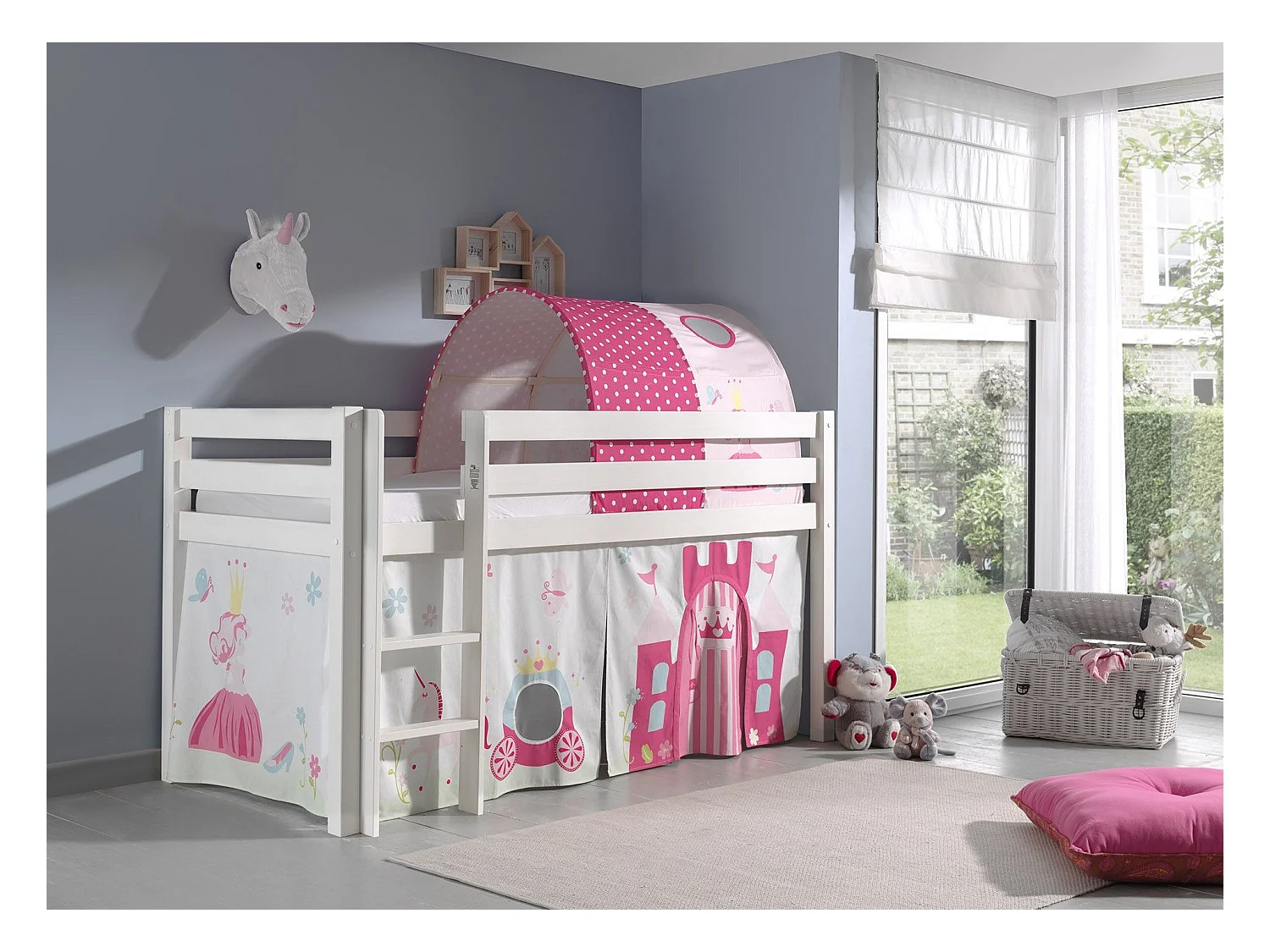 Hoogslaper 90x200 cm met tent en prinsessentunnel massief grenen wit Pino